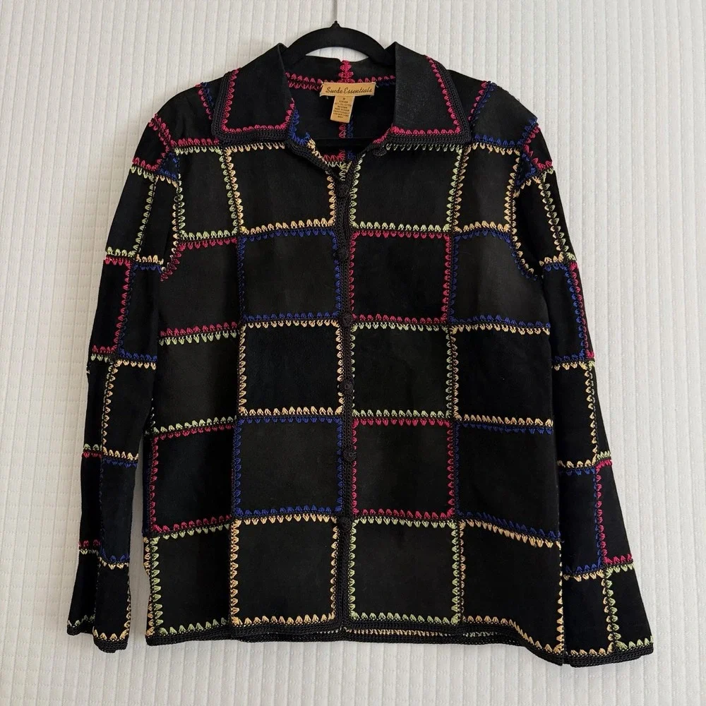 Patchwork Suede Leather Jacket Black Medium Colorful Vtg Boho Crochet Funky 90s